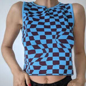 Sleeveless Knit Top Blue Black Checkerboard S